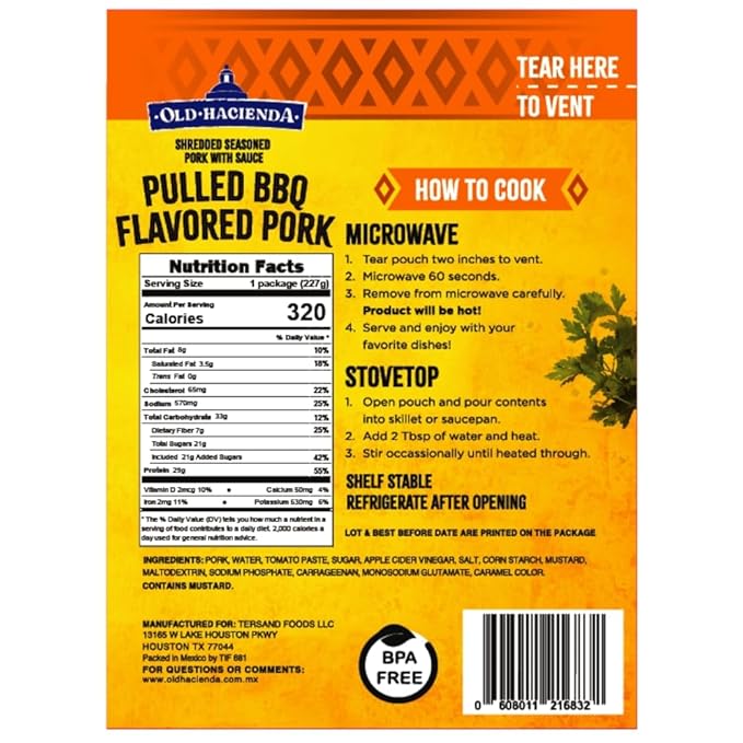 Old Hacienda Pulled BBQ Flavored Pork | 100% Shredded Seasoned Pork with Sauce | Fully Cooked & Ready to Eat | 29g Protein | No Preservatives or Artificial Flavors | BPA Free Pouch | Pack of 6 - 8oz