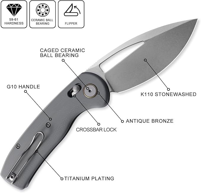 Petrified fish PFP13 Viper Folding Knife,3.5" K110 Steel Stonewashed Blade G10 Handle Pocket Knife for Camping EDC Outdoor (Gray Stonewashed)