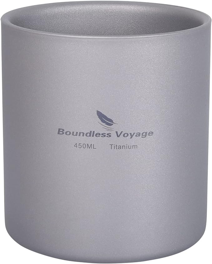 Boundless Voyage 3 in 1 Double Walled Titanium Cup Heat Resistant Mini Tea Drink Cup Outdoor Camping Mug Coffee Cups Camping Accessories (Ti3030D 450ml)