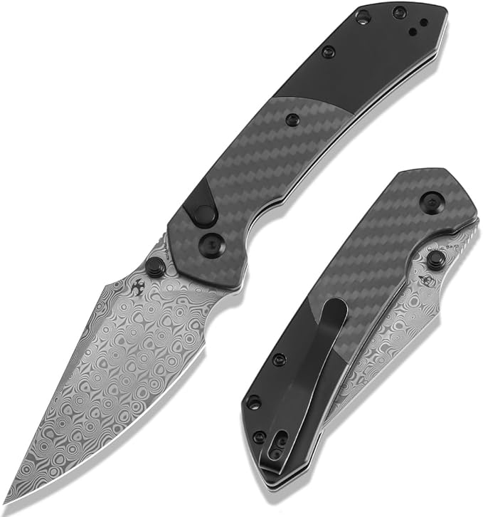 KANSEPT Fenrir Button Lock Pocket Folding Knives for Men Women Camping Hiking Folding Knife 3.11'' Damascus Blade EDC Knife with Twill Carbon Fiber + Blackwash Aluminum Handle Everyday Carry K1034S6
