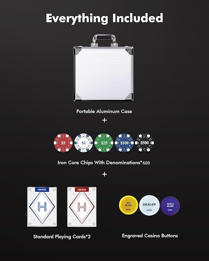 Poker Chips with Denominations, 600-pcs 11.5g Weighted Numbered Casino Chips Set, 2 Decks with Compact Aluminum Case for Texas Hold'em, Blackjack