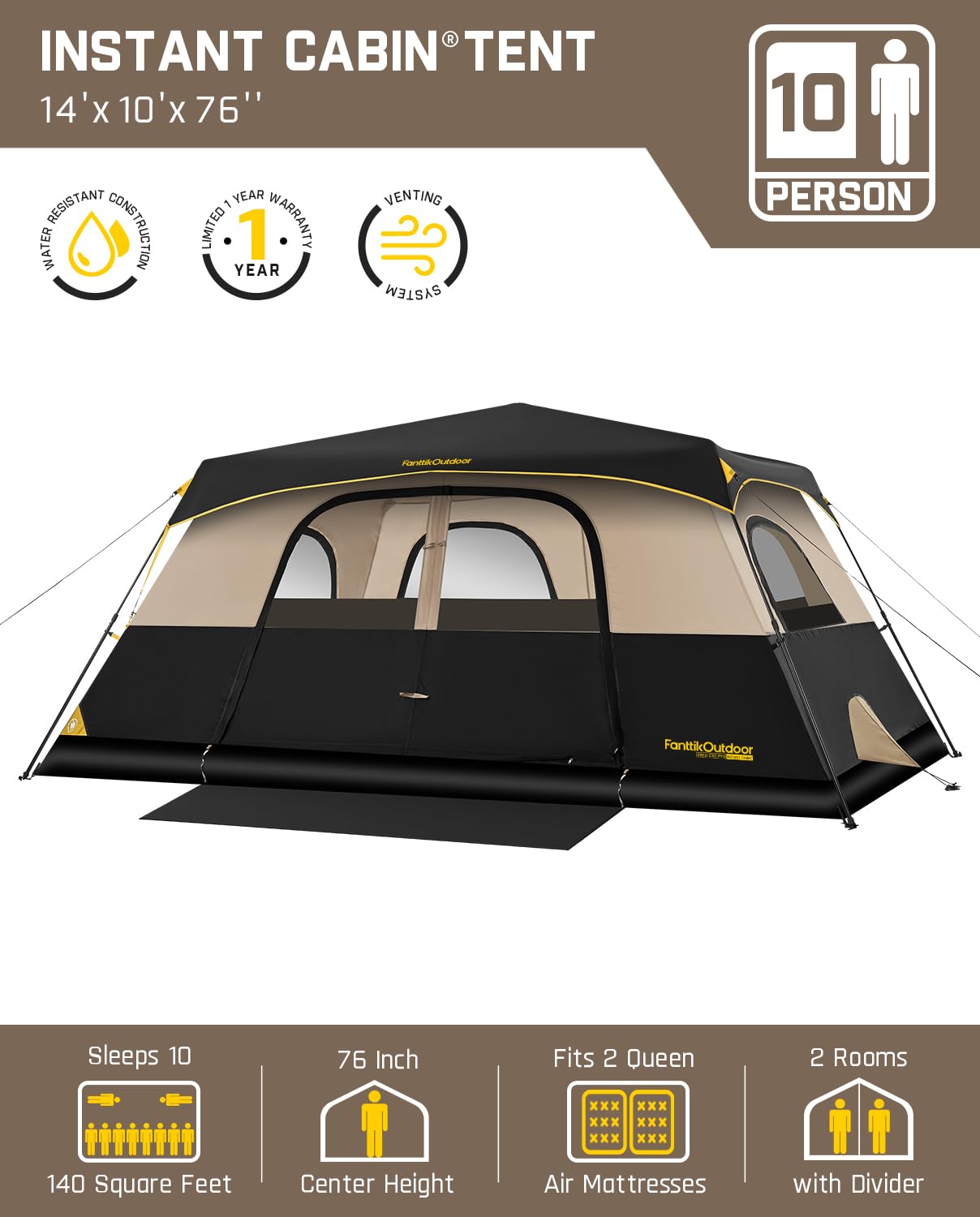 FanttikOutdoor Zeta C10 Pro 10 Person Tent for Camping Setup in 60s (Khaki)