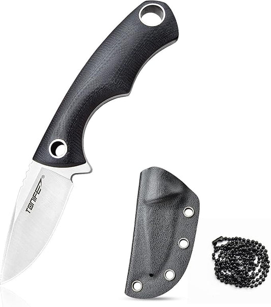 TONIFE Neck Knife Mini Outdoor Survival Fixed Blade Knife, EDC High Hardness Sharp Blade 1.7'' Portable Neck with Kydex Sheath and Ball Chain (black)