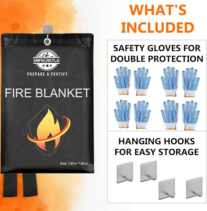 SAFECASTLE Emergency Fire Blanket 59"x59" Large Size, 4 Pack + 4 Hooks & 4 Gloves Fire Retardant Blanket with Fireproof Tabs for Home, Outdoor, Office, Car and Camping Fire Protection Survival Safety