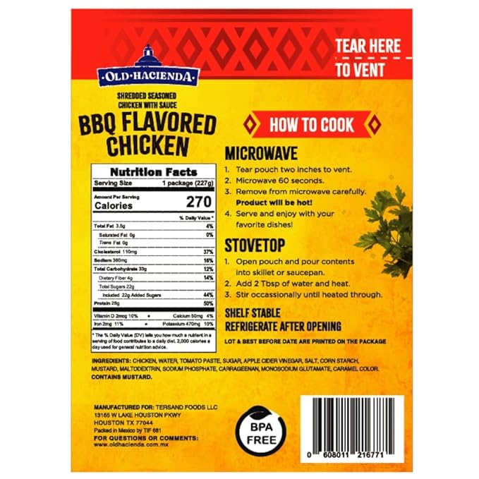 Old Hacienda BBQ Flavored Chicken | 100% Shredded Seasoned Chicken with Sauce | Fully Cooked & Ready to Eat | 26g Protein | No Preservatives or Artificial Flavors | BPA Free Pouch | Pack of 3-8oz