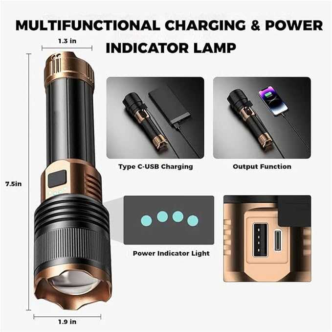 GDSAFS Gloryboom Flashlight, Rechargeable 1097 Flashlight Strong Light, Ultra Bright Long-Range Portable Ultra Long Endurance Lighting Flashlights for Outdoor Camping Hiking Emergencies (2pcs-Gold)