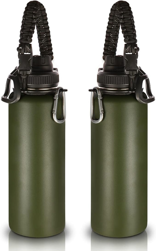 Volhoply Insulated Water Bottles Bulk 2 Pack, 40 oz Stainless Steel Sports Bottle with Paracord Handle & Spout Lid, Vacuum Metal Travel Flask with Wide Mouth,Reusable Large Cup(Army Green,2 Set)