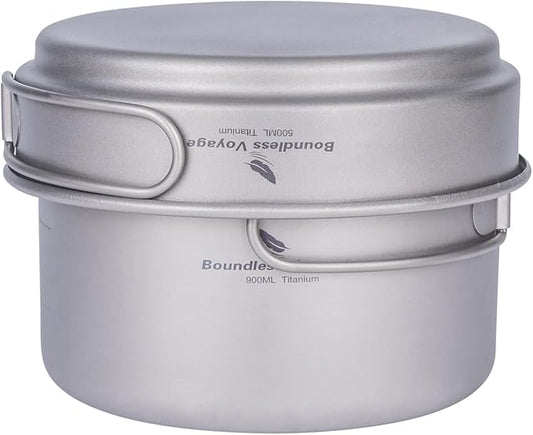 iBasingo Titanium Pot Pan Set with Folding Handle - Ultralight Portable Outdoor Cookware Mess Kit for Camping, Picnic, Travel & Backpacking (1080ml Soup Pot, 900ml Cup, 500ml Frying Pan)