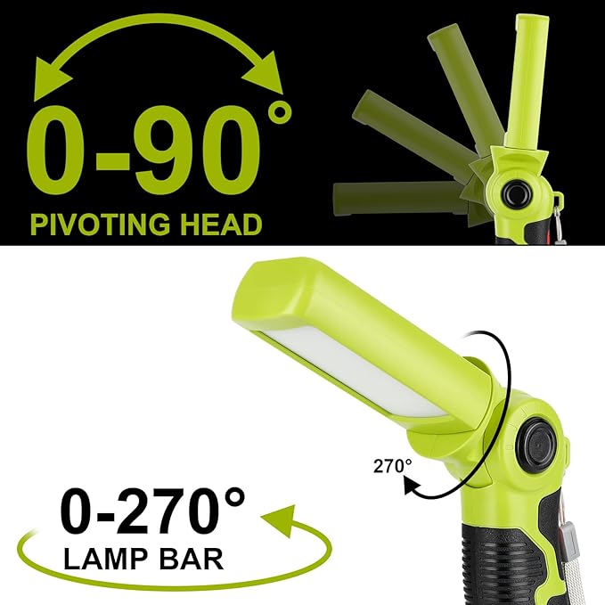 YEX-BUR LED Work Light for Ryobi 18V Battery, 12W 1000LM Protable Flashlight with Low Voltage Protection 270° Rotating Wide-Angle Lighting for Workshop, Camping, Outdoor