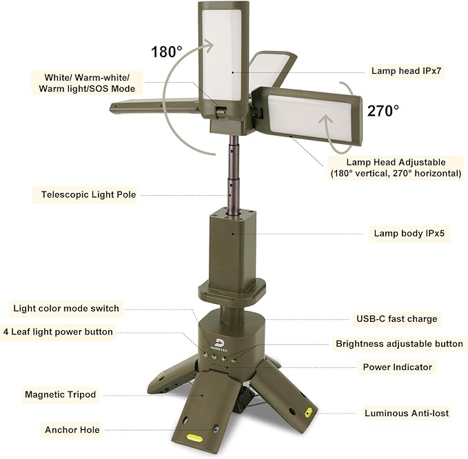 DUSKTEC Telescopic Camping Lights Rechargeable - 14000mAh Led Camping Lantern Up to 8000LM Outdoor Camping Light Portable Camping Light Dimmable Camping Lamp IPX7 Waterproof Camp Lights Multifunction