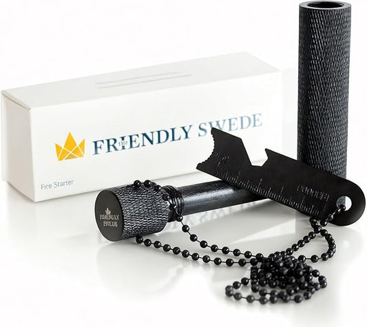 The Friendly Swede XL Ferro Rod Fire Starter Tool — Flint and Steel Fire Starter Survival Tool w/Large Ferro Rod; Weatherproof Firestarter for Camping & Hiking; Flint and Steel Kit w/Cylinder Case