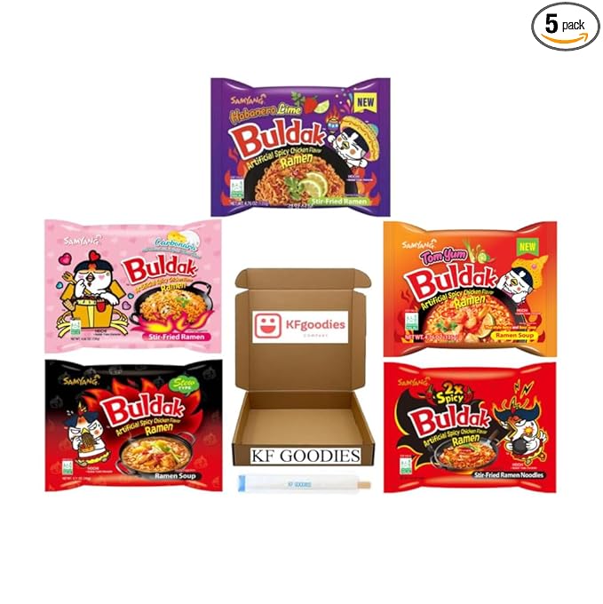 KF GOODIES Korean Ramen Variety Pack Gift Box (5 Count) – Spicy Buldak Noodle Assortment for Birthdays, College Care Packages, Office Snacks, and Gift Baskets