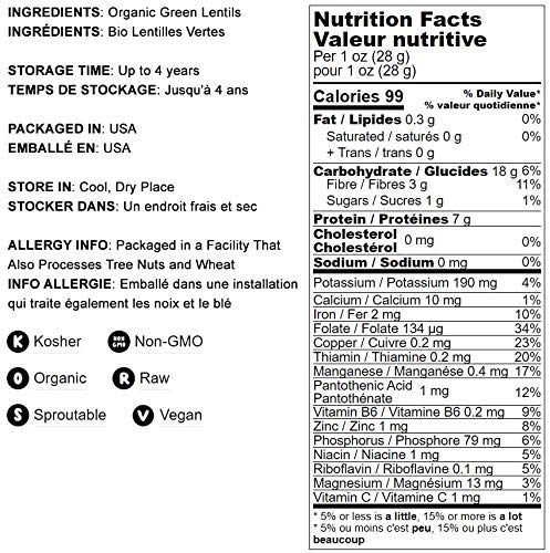 Food to Live Organic Whole Green Lentils, 15 Pounds ??Non-GMO, Dried Raw Beans, Sproutable, Vegan, Kosher, High in Folate, Dietary Fiber, Protein, No Soaking Required, for Soups, and Veggie Burgers