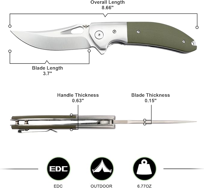 Pocket Knife with Clip, 3.7" 14C28N Blade EDC Folding Knife with Green G10 Handle, Outdoor Camping Folding Knives for Men Women