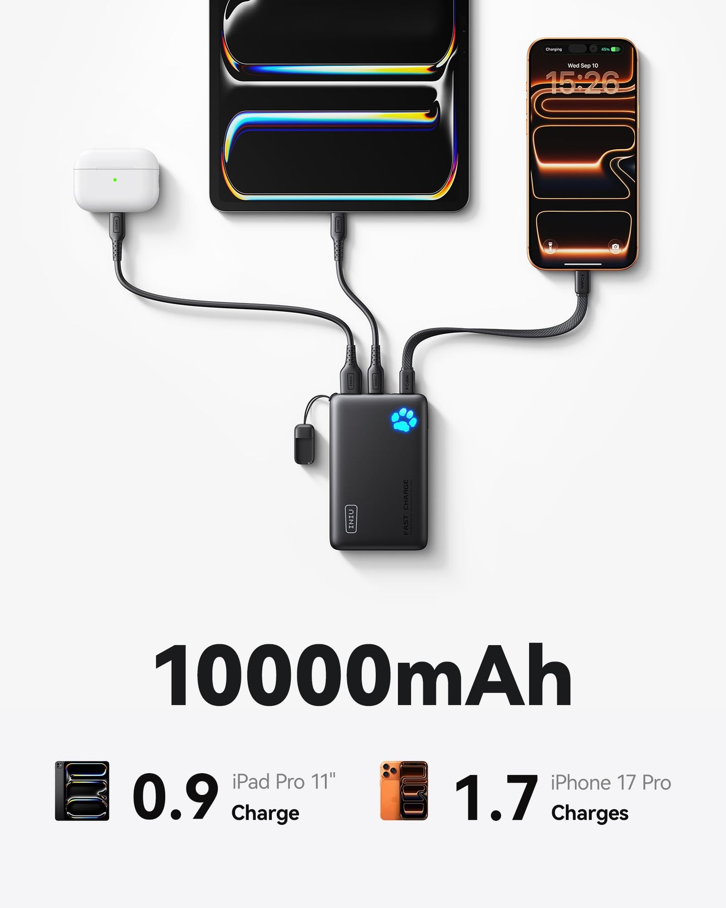INIU 45W Fast Charging Portable Charger, Smaller 10000mAh Travel Power Bank