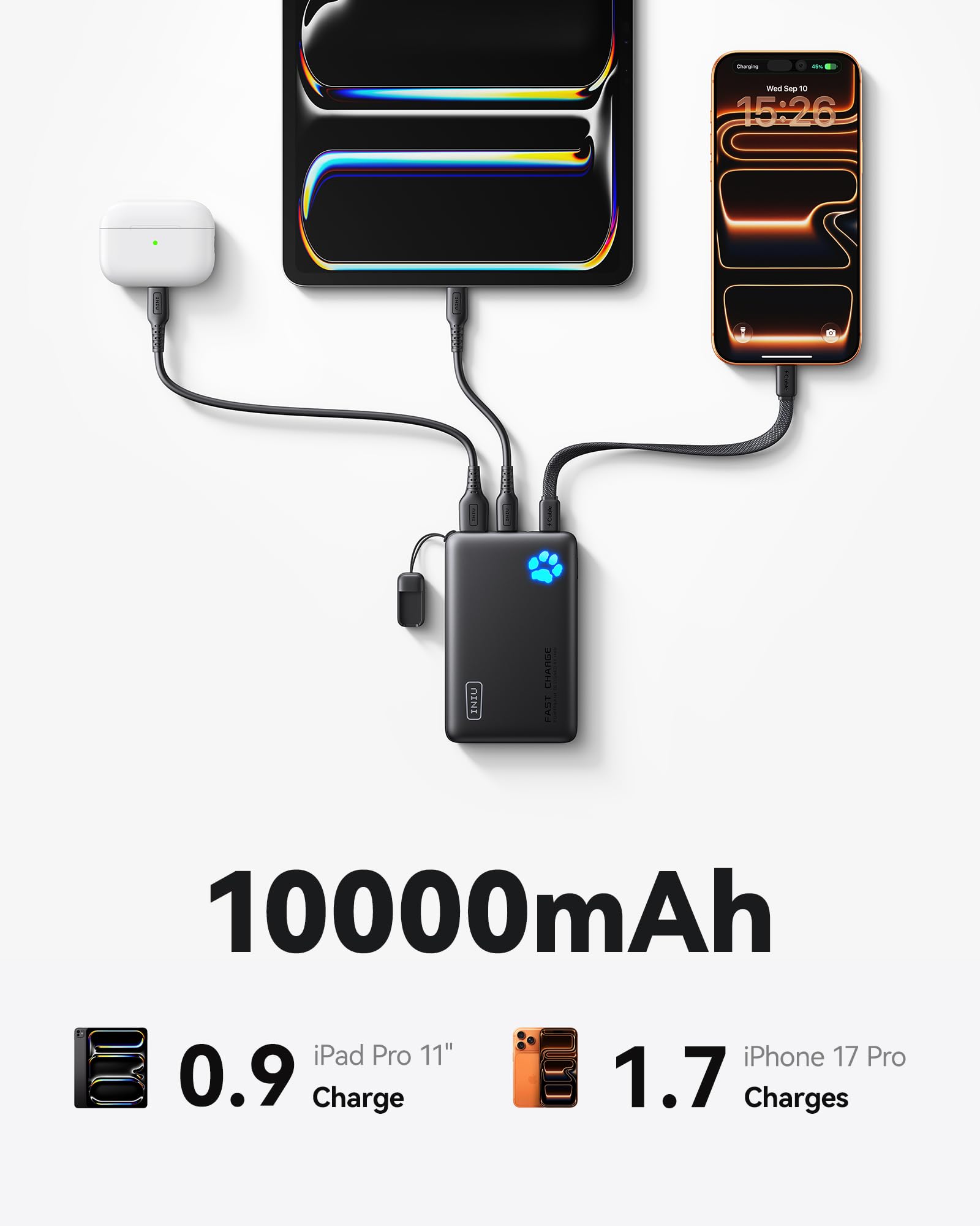 INIU 45W Fast Charging Portable Charger, Smaller 10000mAh Travel Power Bank