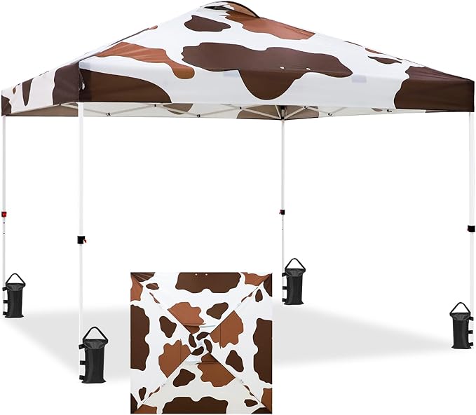 EAGLE PEAK Pop Up Canopy Tent with Wheeled Carry Bag, 8 Stakes, 4 Ropes, 4 Weight Bags, Easy Set Up Tent Canopy, 10x10 ft, 100sqft of Shade, Brown Cow Print
