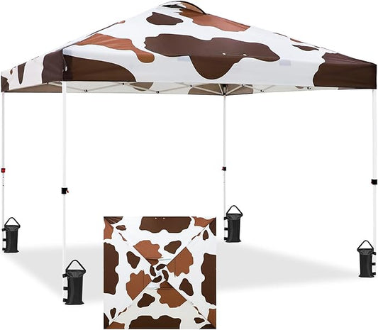 EAGLE PEAK Pop Up Canopy Tent with Wheeled Carry Bag, 8 Stakes, 4 Ropes, 4 Weight Bags, Easy Set Up Tent Canopy, 10x10 ft, 100sqft of Shade, Brown Cow Print