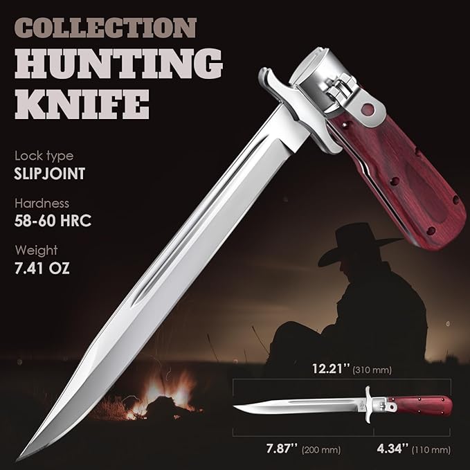 Grand Way 12.2" Retro Folding Knife with Wood Handle & Leather Sheath - 7.8" Long Foldable Sharp Blade - Large Pocket Knife for Men Camping Hunting Survival Work 12 KG