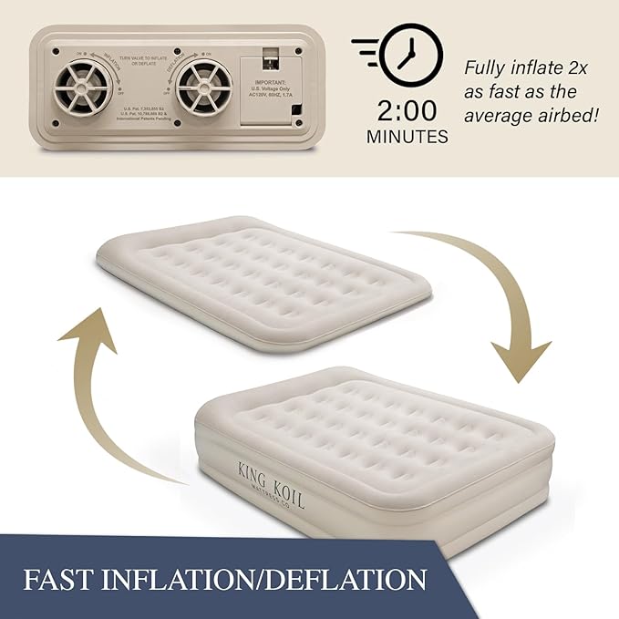 King Koil Luxury Air Mattress 20in Full Size Beige with Built-in Pump for Home, Camping & Guests-Inflatable Airbed Luxury Double High Adjustable Blow Up Mattress, Durable - Portable and Waterproof