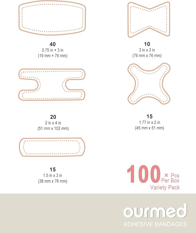 Flexible Assorted Bandages Variety Pack 100 Pieces, Fingertip Bandages for First Aid, Slight Cuts, Scrapes, Abrasion & Wounds Care,Strong Hold for 24 Hours, Non-Latex