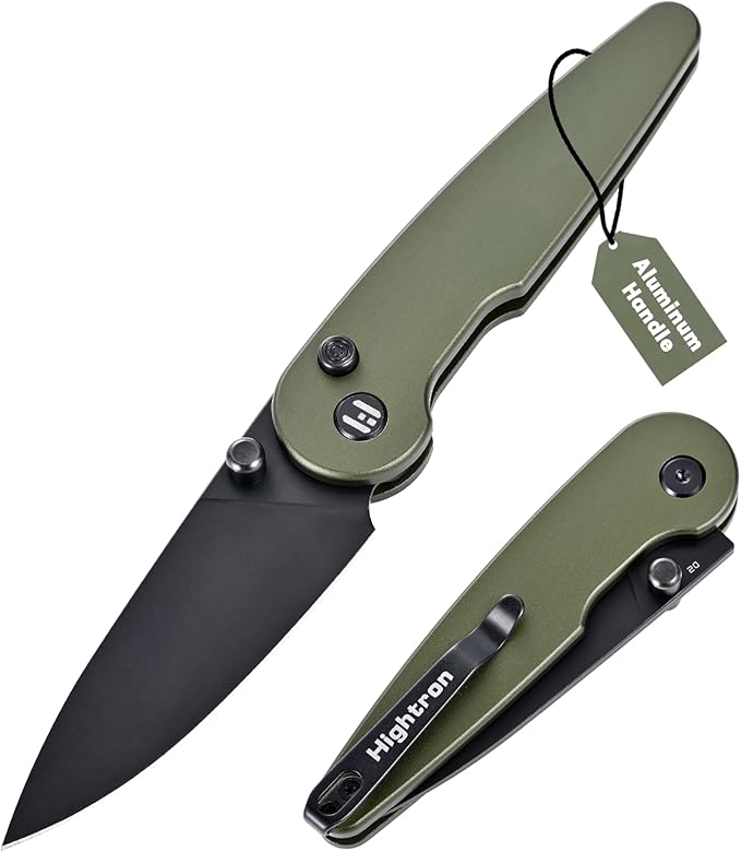 Hightron Birdidi Folding Knife, Small Pocket Knife with 2.91" Drop Point D2 Blade and Aluminum Handle, EDC Folding Knife with Clip for Men Women Camping Hiking Green-B