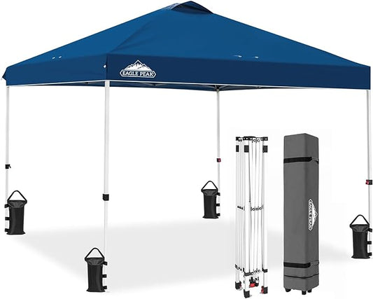 EAGLE PEAK Pop Up Canopy Tent with Wheeled Carry Bag, 8 Stakes, 4 Ropes, 4 Weight Bags, Easy Set Up Tent Canopy, 10x10 ft, 100sqft of Shade, Dark Blue