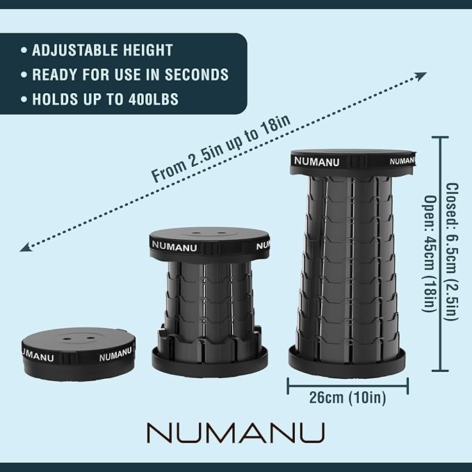 Portable Collapsible Stool, Lightweight & Sturdy, Adjustable Height Telescopic Folding Stool for Adults, Retractable Camping Chair, Telescoping Seat or Footrest for Home & Outdoors, 18"H Max 400lb