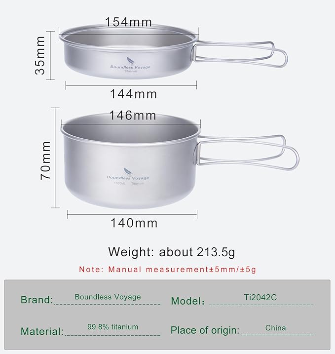 Boundless Voyage Outdoor Titanium Pot with Pan Set with Collapsible Folding Handle for Outdoor Camping Cooking Hiking Backpacking Portable Cookware