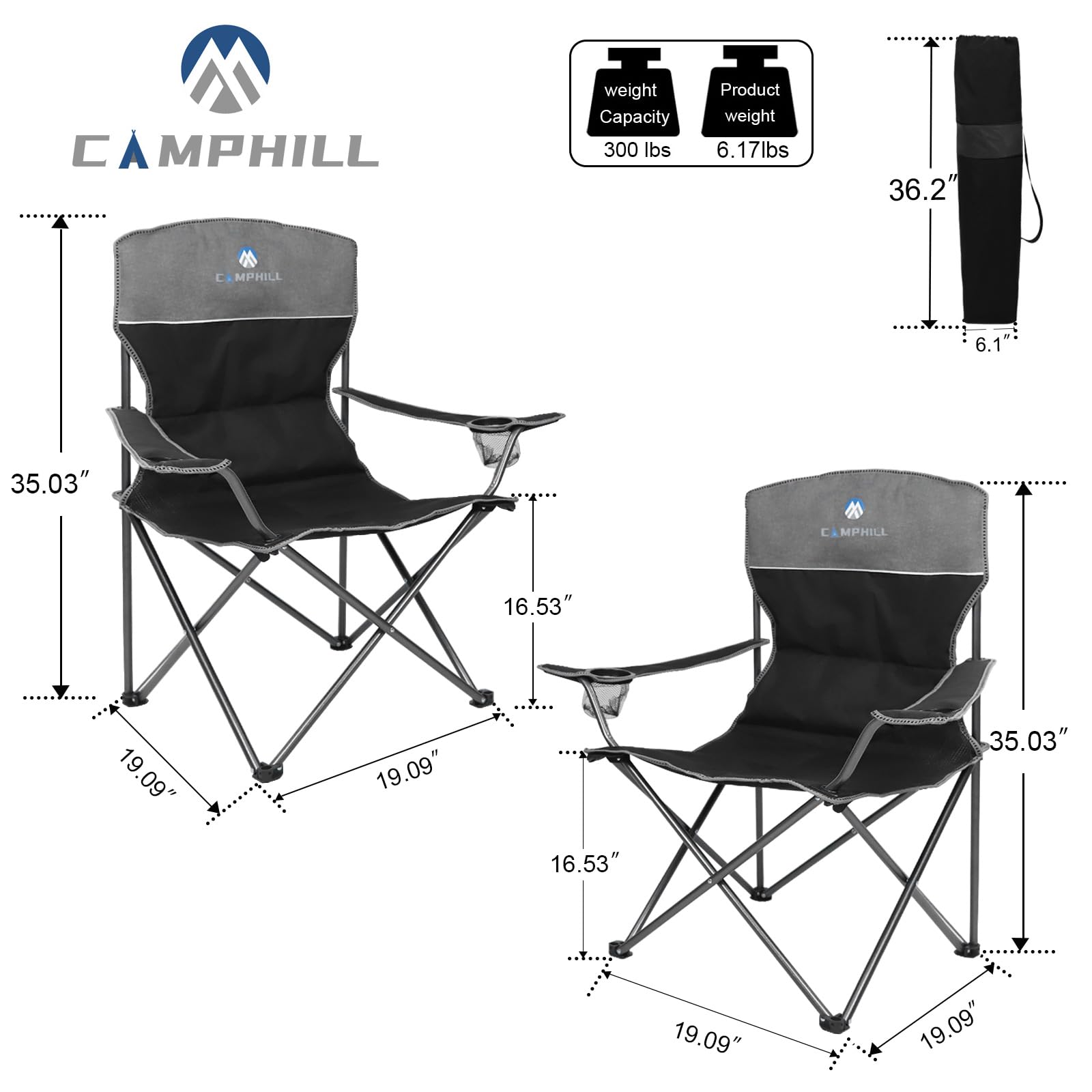 CAMPHILL Camping Chair Set of 4 - Outdoor Folding Chairs With Table, Heavy Duty Lawn Chair With Cup