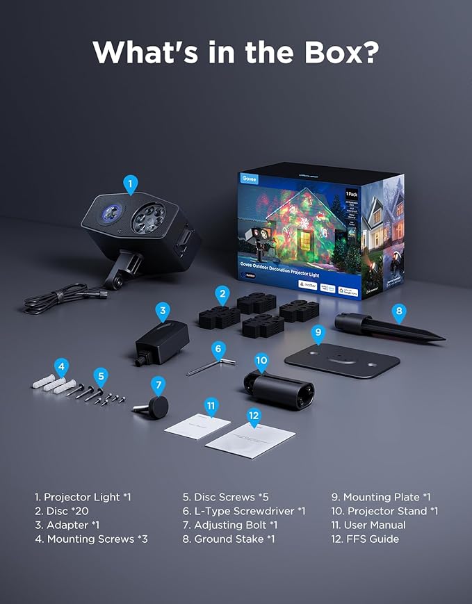 Govee Outdoor Decoration Projector Light, 20W LED Snowflake Projector, IP67 Waterproof, 180° Rotation, 20 HD Effects & 58 Scene Modes with App Control, Works with Alexa, Google Assistant, Matter