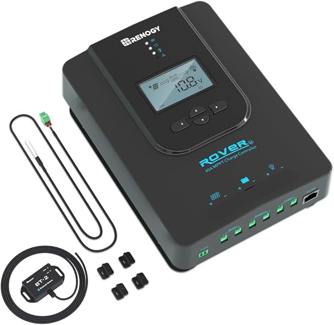 Renogy Solar Charge Controller (Bluetooth) - Rover 40A 12V24V Auto Parameter DC Input MPPT Charge Controllers for Solar Panels Adjustable LCD for Gel Sealed Flooded Lithium Battery