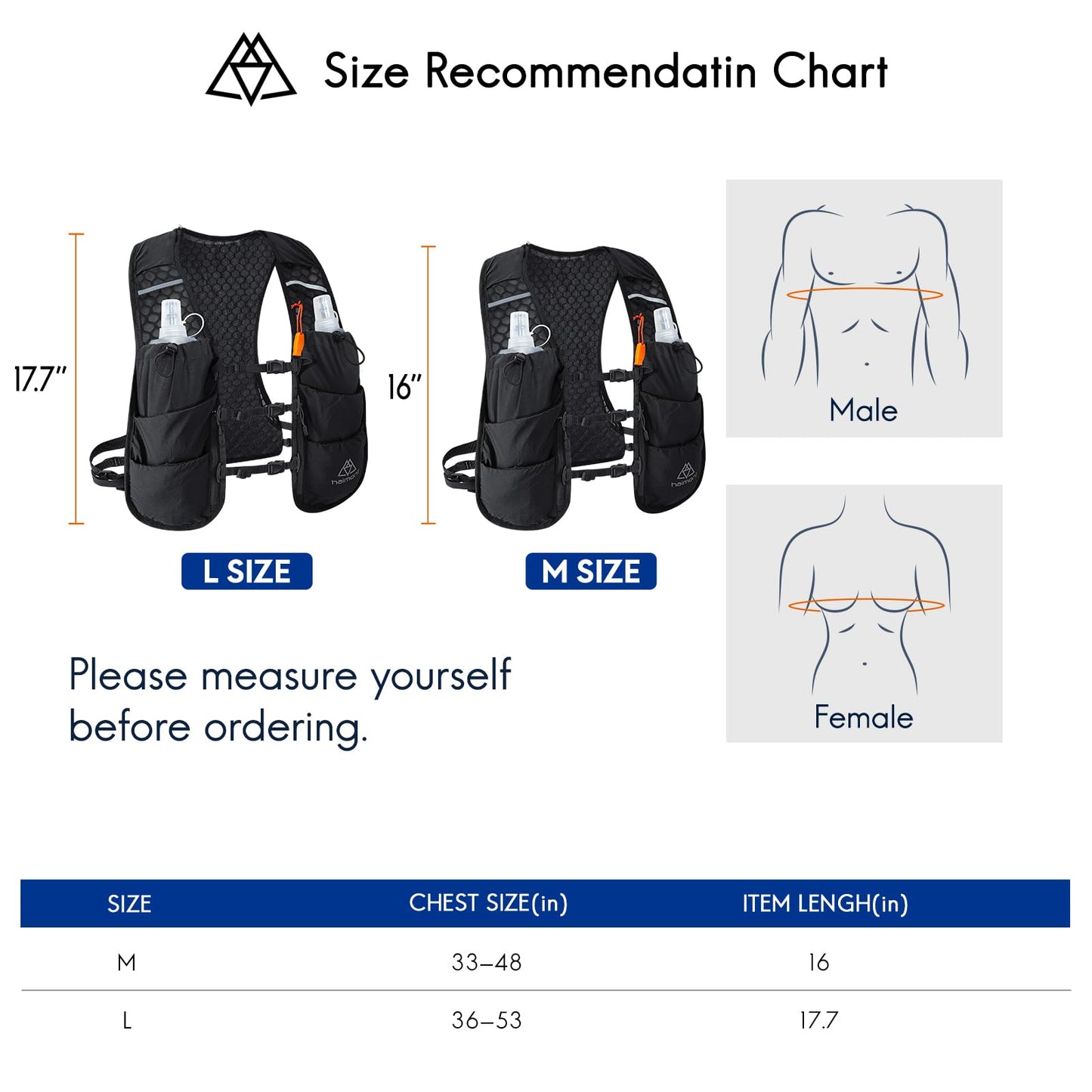 Haimont 5L Trail Running Hydration Vest with Soft Flasks, Black, M