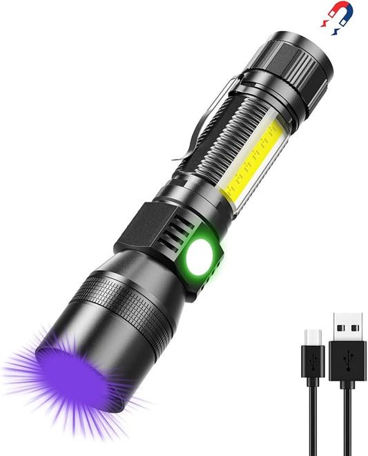 UV Flashlight Black Light, USB Rechargeable Flashlight with Magnetic Base - High Light, Side Light, 7 Modes, Zoomable, Waterproof ??LED Torch for Mechanics Pet Urine Stains Detection (1)