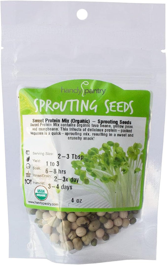 Organic Sprouting Seeds - Handy Pantry Sweet Protein Mix 4 oz. - Fava Bean, Mung Bean, & Yellow Pea Seeds - High Protein Food for Daily Health or Food Storage - Easy and Delicious Organic Sprout Seeds
