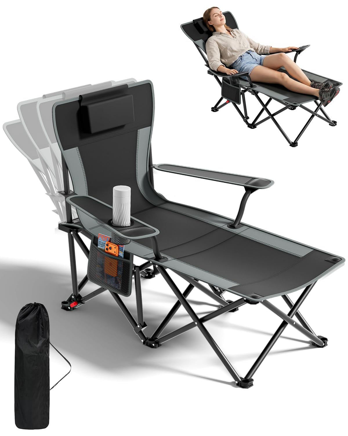 HOPERAN Camping Chair with Foot Rest, 500LBS 4-Level Reclining Beach Chair