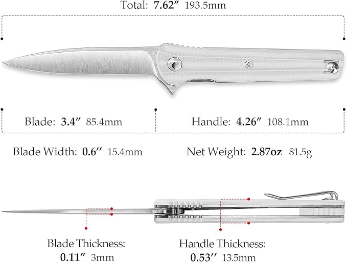 EDC Pocket Knife for Men,Folding Knives with Reversible Clip,Liner Lock 3.4'' Satin 14C28N Steel Blade,White G10 Handle,Seagull-W