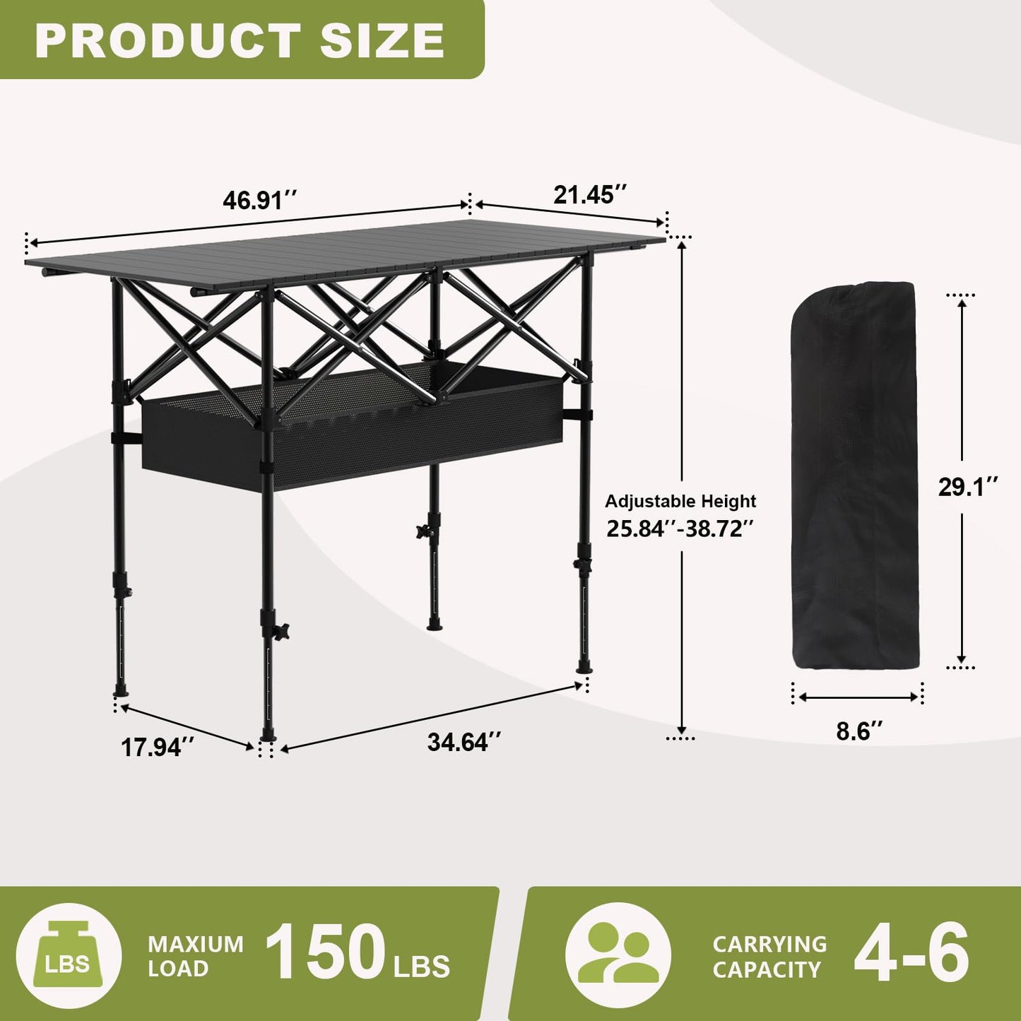 Hsundries 4FT Folding Camping Table,Portable Roll-up Picnic Table with Carry Bag & Mesh