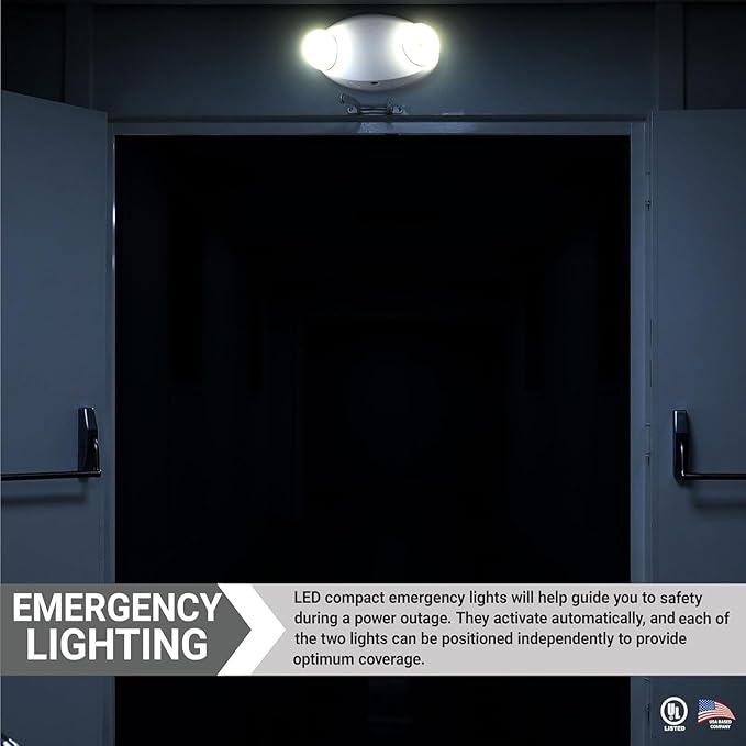 Diodesy- LED Emergency Light Fixture 2 Head Adjustable 90-Min Battery Backup 2W 6500K Daylight 200LM Commercial Fire-Resistant Wall/Ceiling Mount for Business Power Failure Outage Exit Sign 120-277V