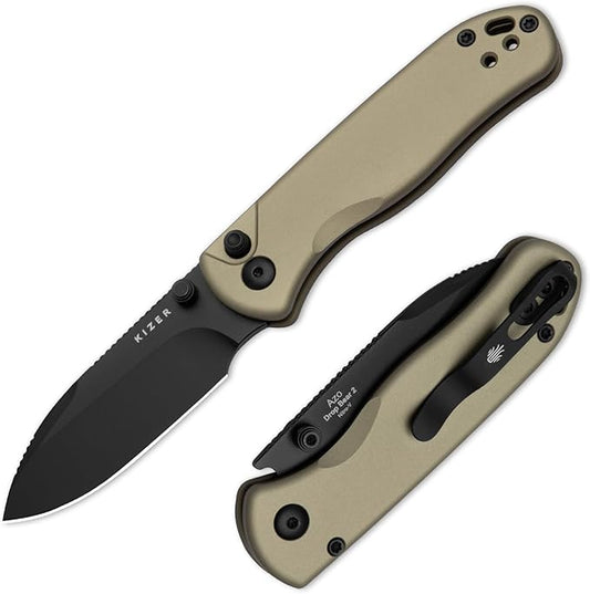 Kizer Drop Bear 2 Pocket Knife, 2.92" Nitro-V Drop Point Blade Folding Knife with Tan Aluminum Handle, Button Liner Lock EDC Knives with Jimping on Spine for Men Women V3619.2CD1
