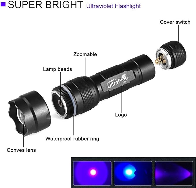 ULTRAFIRE Black Light UV Flashlight, Super Power UV 395-405 nm LED WF-502B Blacklight Flashlights for Leak Detector, Pet Urine Stain, Bed Bug Not Included Batteries