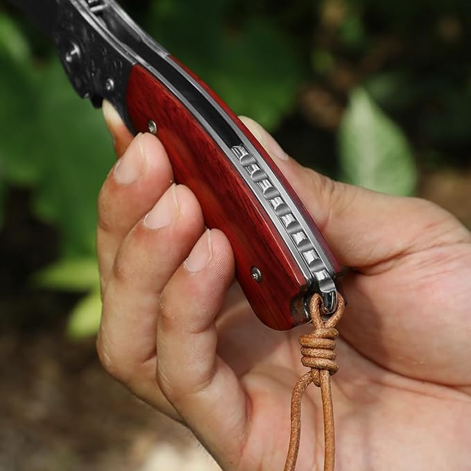 Damascus Steel Folding Pocket Knife with VG10 Core, Wooden Handle & Leather Sheath, Outdoor Knife and Gift for Collectors, Knife Lovers, and Enthusiasts