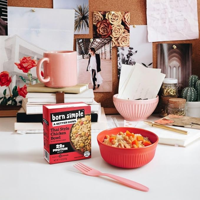 Born Simple Ready to Eat Meals with Sporks, Thai Style Chicken Bowl, Improved Recipe - 22g Protein, Prepared Meal, Microwavable Entree, 11 oz (Pack of 6)