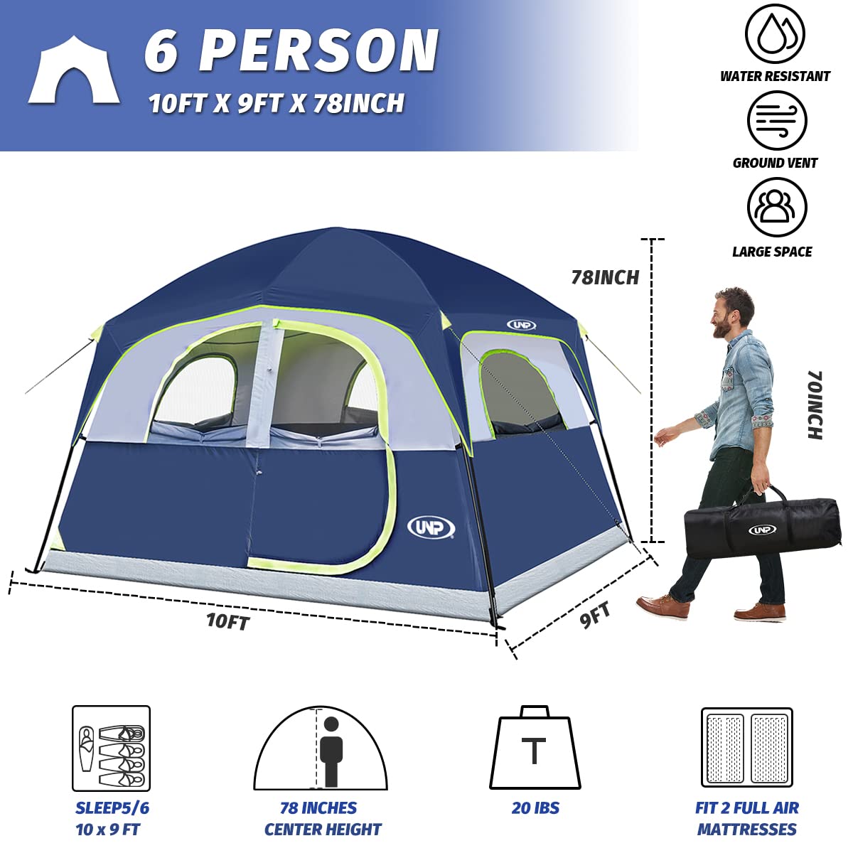 UNP 6 Person Tents for Camping Waterproof Family Cabin Tent with Rainfly