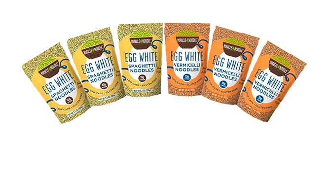 Miracle Noodle Egg White Pasta Variety Pack, 3.5 Oz (Pack of 6), Spaghetti, Vermicelli, Ready to Eat Egg White Noodles, 10g Protein, 45 Calories, 1g Net Carbs Per Serving, High Protein, Keto, Gluten-Free