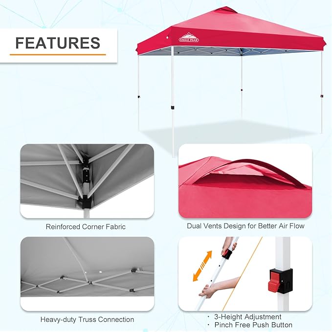 EAGLE PEAK Pop Up Canopy Tent with Wheeled Carry Bag, 8 Stakes, 4 Ropes, 4 Weight Bags, Easy Set Up Tent Canopy, 12x12 ft, 144sqft of Shade, Red