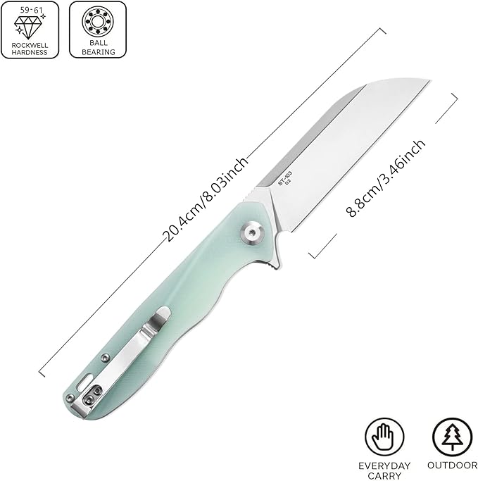 Sitivien ST103 Folding Knife, D2 Steel Blade+G10 Handle Pocket Knife, EDC Tool Knife for Outdoor, Camping, Hunting, Survival (Jade)