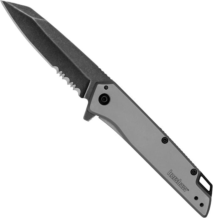 Kershaw Grid Folding Pocket Knife, 3.7 inch Black Serrated Blade, Steel Handle, Pocketclip & Misdirect Pocketknife; 2.9 in. 4Cr13 Serrated Black-Oxide Blackwash Finish Blade