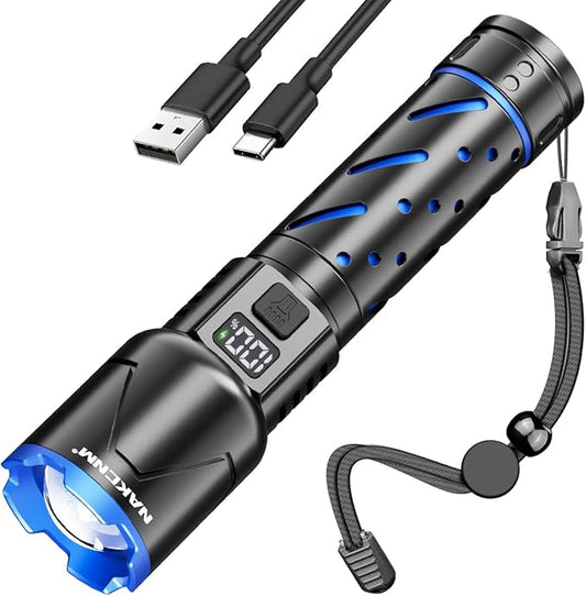 NAKCNM Flashlights High Lumens Rechargeable 2000 Lumens Super Bright with LCD Digital Display, 3 Mode, Waterproof, Powerful Tactical Flashlight for Camping Outdoor Emergencies