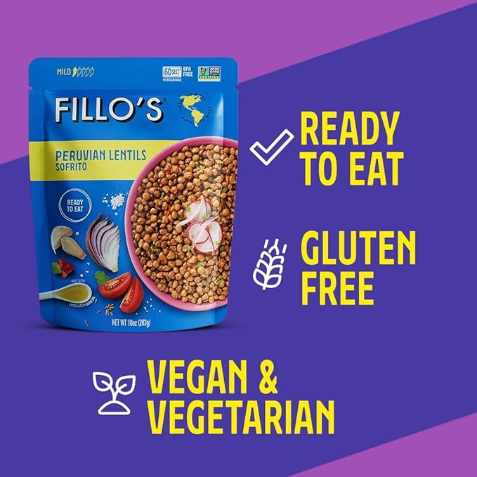 Fillo's Peruvian Lentils - Ready to Eat Lentils, Gluten-Free, Preservative-Free, Microwavable Meals, Non-GMO, Vegan, Plant Protein, 10 oz Pk of 6